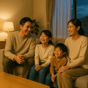 夕方のリビングで家族で楽しむ様子