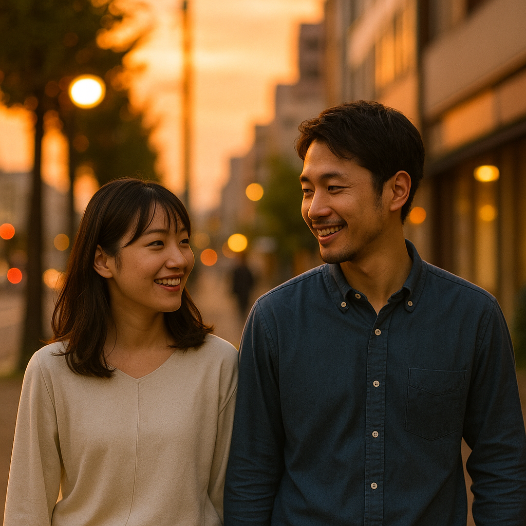 夕暮れの街を並んで歩き穏やかに会話する日本人カップルの自然な笑顔