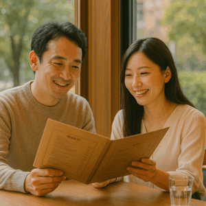 昼下がりのカフェ窓際でメニューを見ながら微笑む日本人男女のリアル写真風