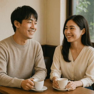 初対面の日本人男女が静かなカフェで向かい合い微笑むリアル写真風