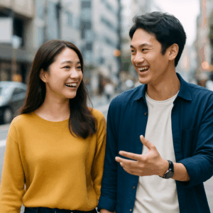 街中を歩きながら楽しそうに話す日本人カップル