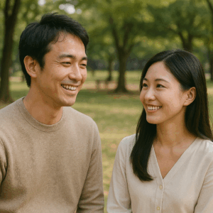 静かな公園で笑顔を交わす日本人男女のリアル写真風