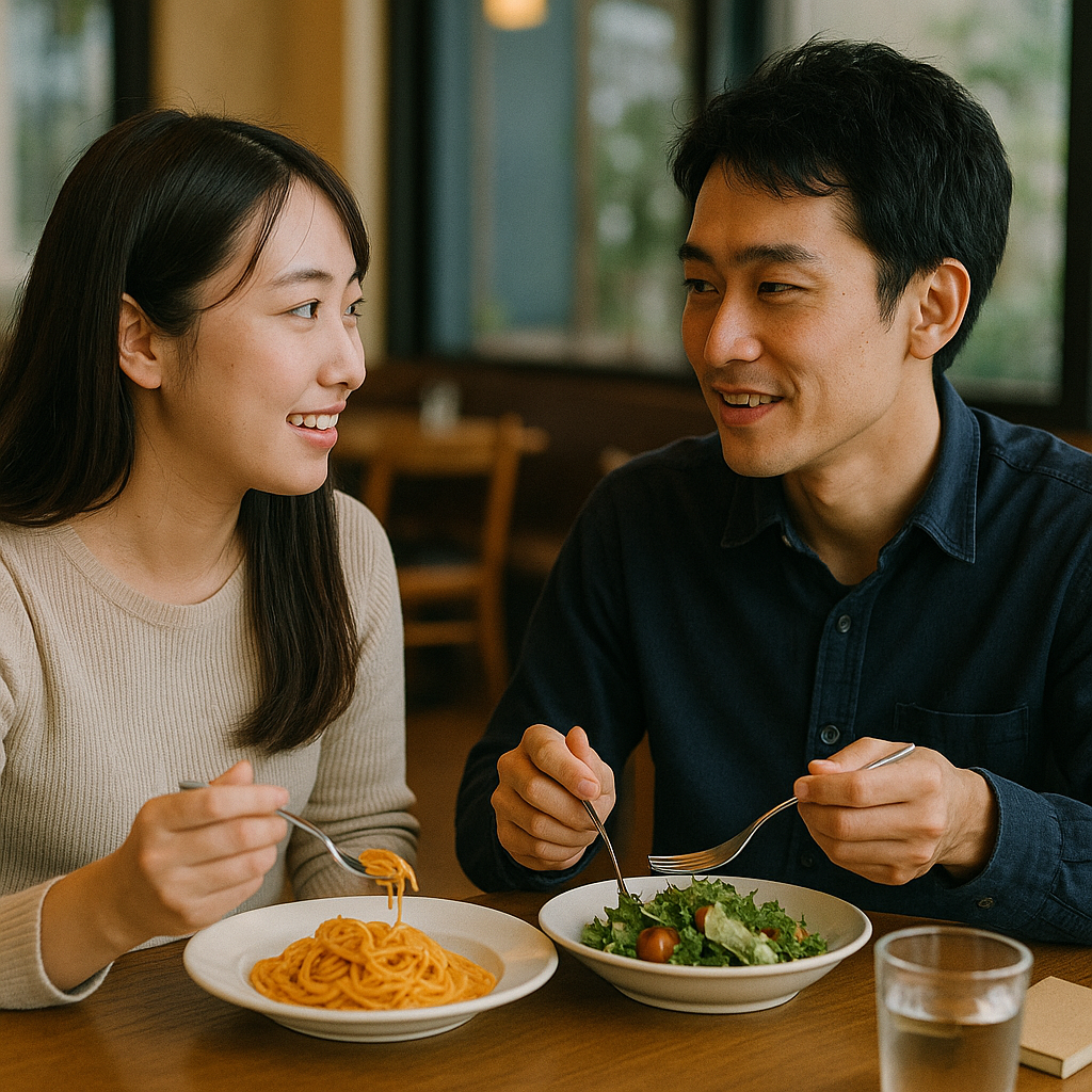 レストランで会話を楽しみながら食事をする日本人男女
