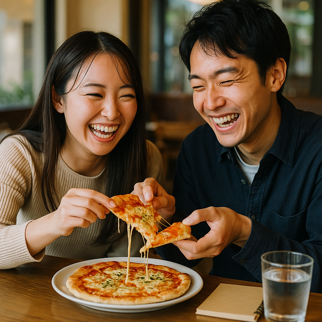 レストランで好物をシェアして笑う日本人カップル