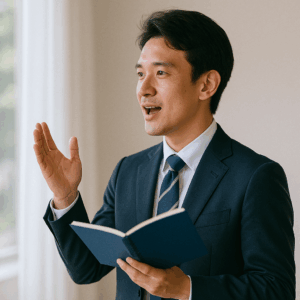 話し方を練習する若いサラリーマン男性