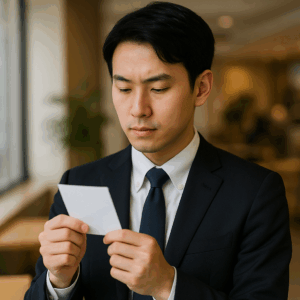 メモを確認する若いサラリーマン男性