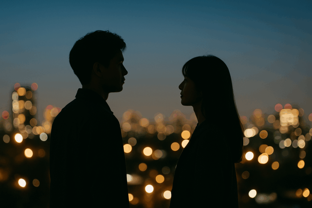 街の灯りを背景に前を向く人物のシルエット。