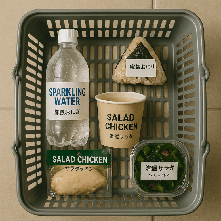 コンビニのバスケットに無糖飲料・雑穀おにぎり・サラダチキン・海藻サラダが整然と入っている俯瞰カット。