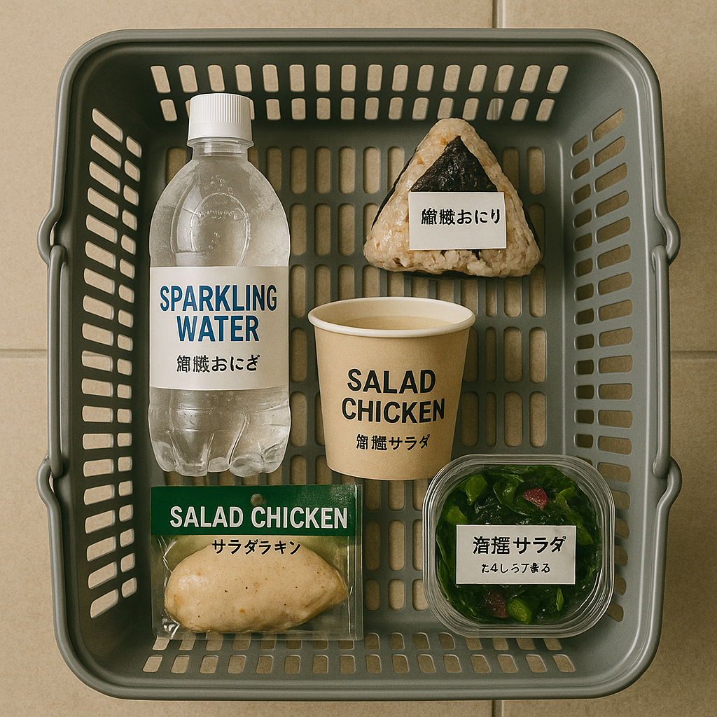 コンビニのバスケットに無糖飲料・雑穀おにぎり・サラダチキン・海藻サラダが整然と入っている俯瞰カット。