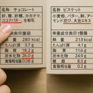 商品パッケージ裏の原材料名と栄養成分表示を拡大した写真、先頭に砂糖や油脂が並ぶ例と、素材名が先頭の良い例の対比。