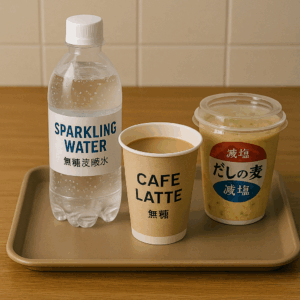無糖炭酸水と無糖ラテ、だし系カップスープ(減塩)をトレーに並べた飲み物コーナーの実用的な選択。