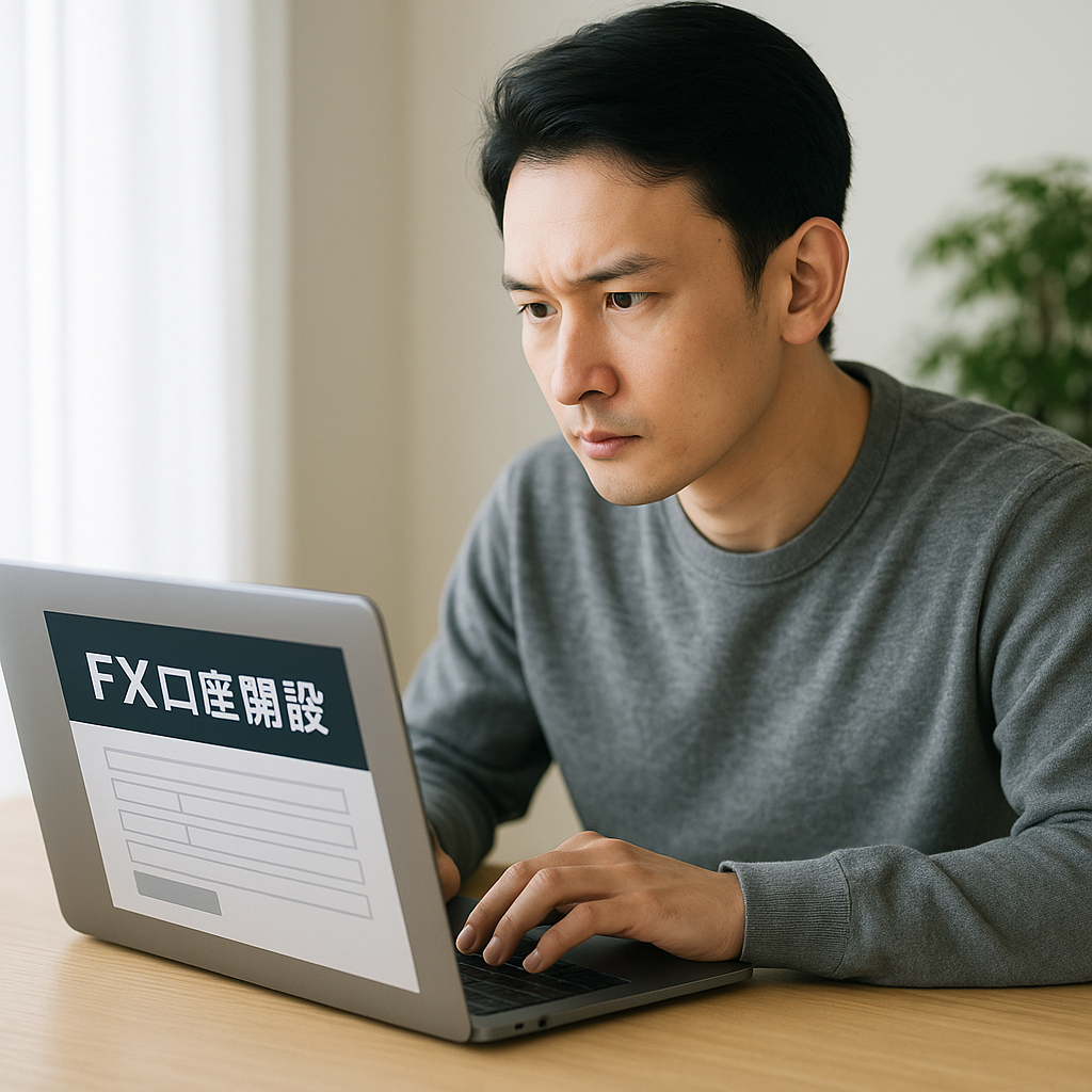 真剣な表情でノートPCを操作し、FX口座開設の画面を見つめる日本人男性。背景は自宅の明るい部屋。