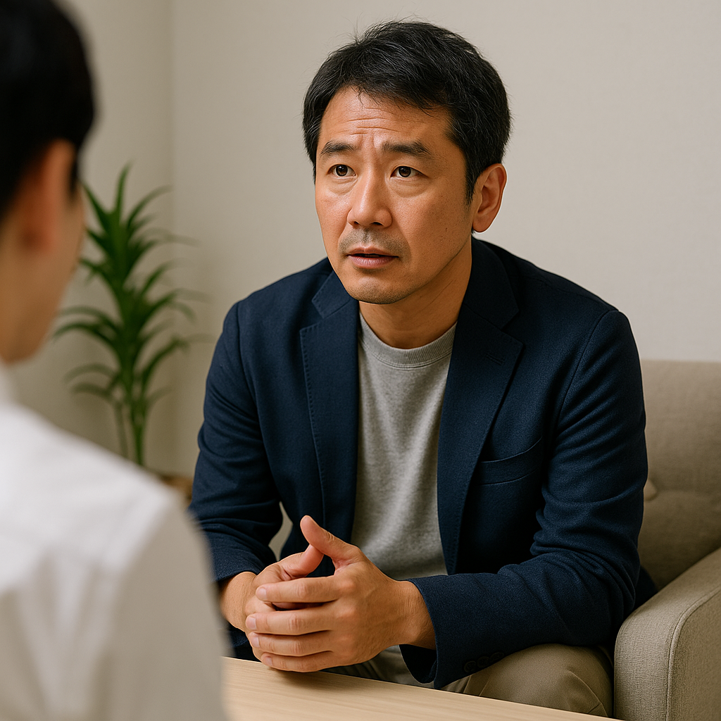 カウンセリングルームで相談を受ける日本人男性