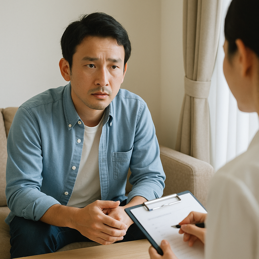 院内でカウンセリングを受ける日本人男性