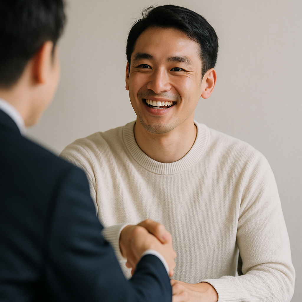 日本人男性が笑顔で握手し、清潔感ある服装で挨拶している場面
