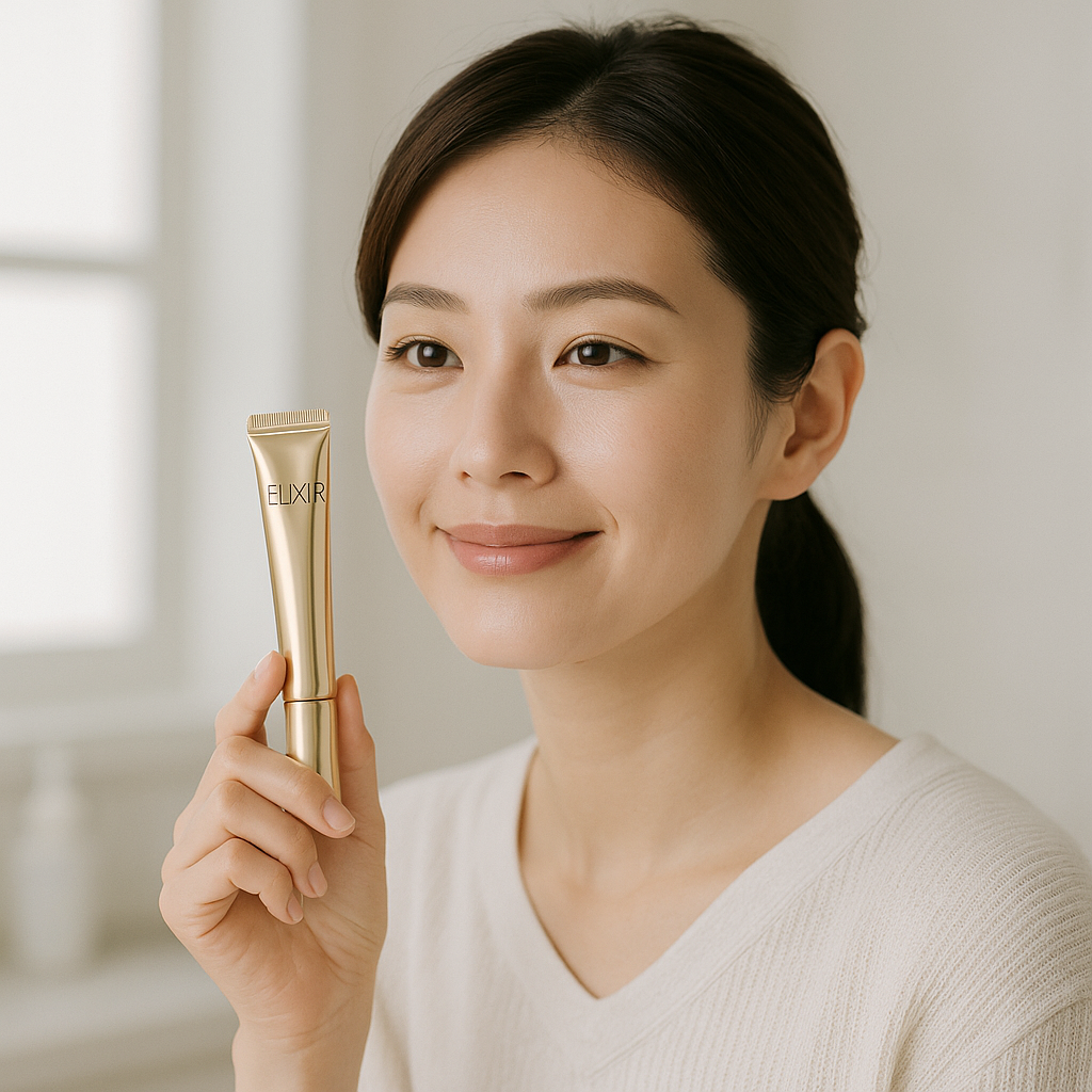 ELIXIRのレチノパワー リンクルクリームを象徴する上品な印象の日本人女性。清潔感ある洗面室・柔らかな光。