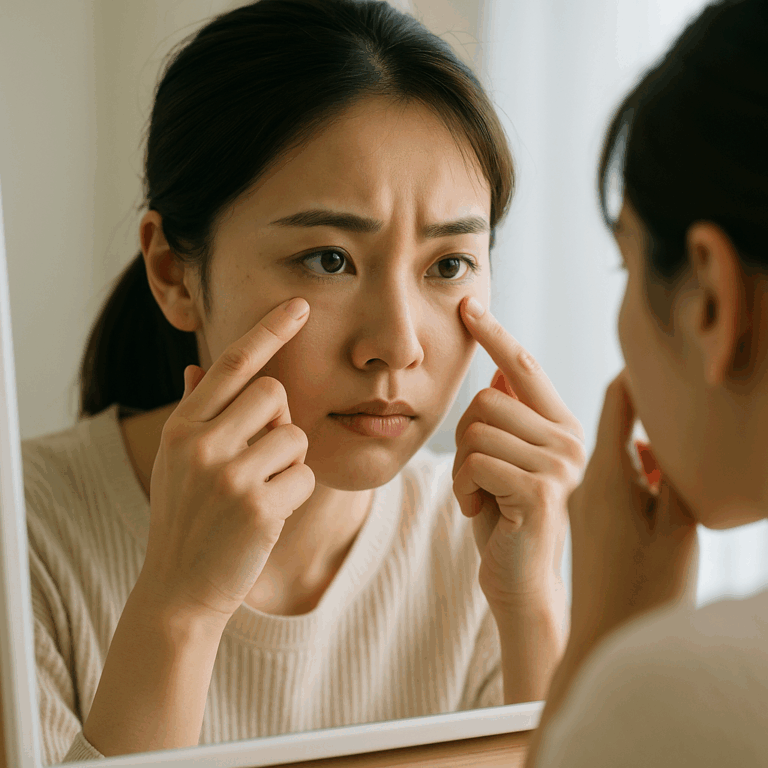 目の下の悩みを鏡で確認する日本人女性。自然光の中で真剣な表情を浮かべる写真風イメージ。