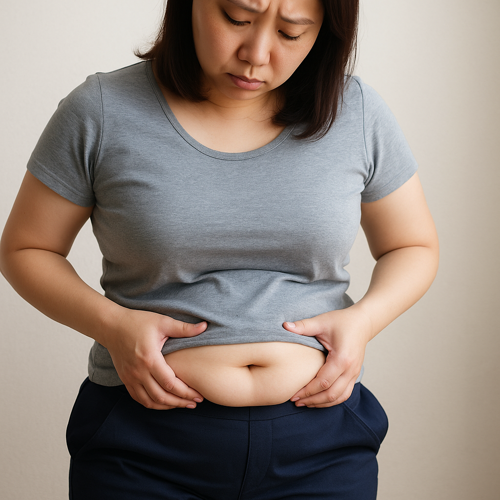 ボッコリお腹を気にする女性の画像