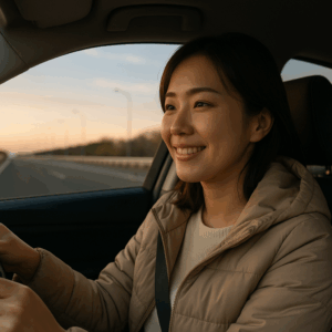 夜明けの高速道路で安心した表情を見せる日本人女性