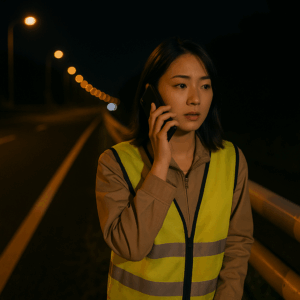 ガードレールの外側に避難し、携帯で連絡を取る日本人女性