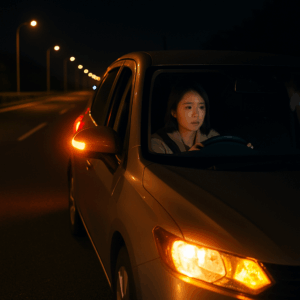 深夜の高速道路でハザードランプを点けたまま停車する日本人ドライバー