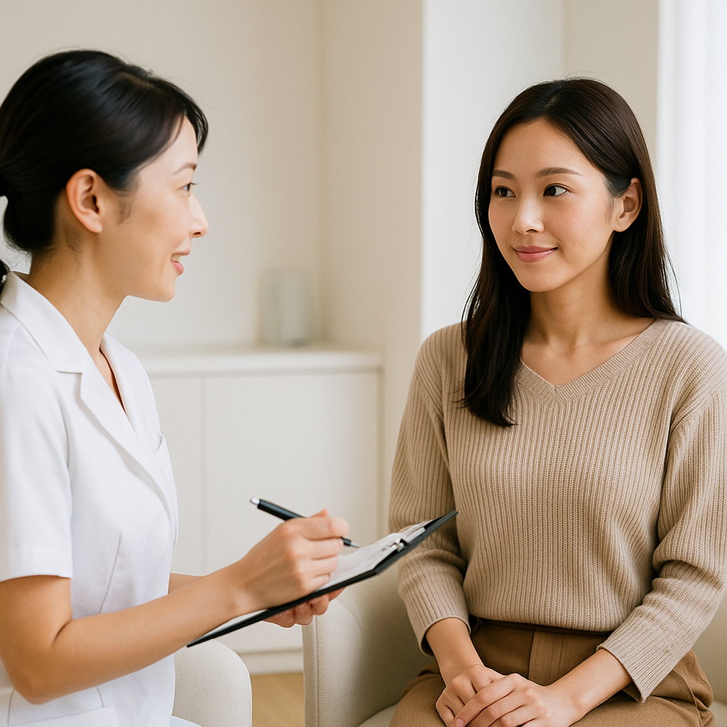 清潔な院内でカウンセリングを受ける日本人女性