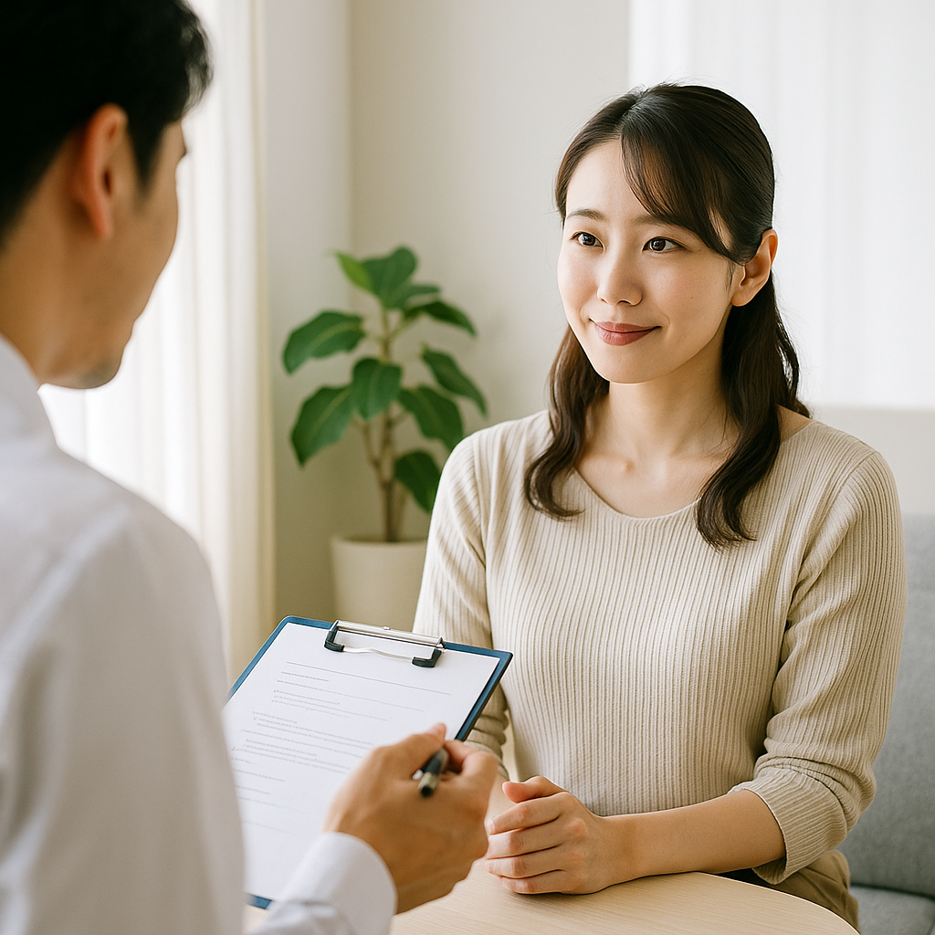 明るい日差しの差し込むカウンセリングルームで説明を受ける日本人女性