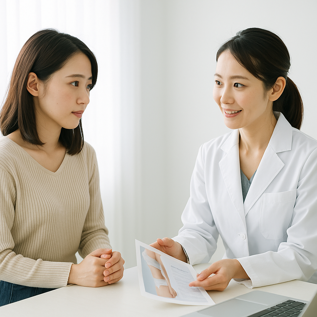 施術前カウンセリングで説明を受ける日本人女性
