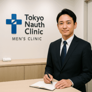 東京ノーストクリニックのロゴイメージを背景に、清潔な医療空間を示す男性専門クリニックの写真風イメージ。
