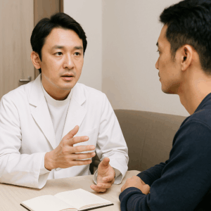手術説明を行う日本人医師と真剣に聞く男性患者