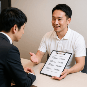 カウンセリングで費用説明を受けるスーツ姿の日本人男性と男性スタッフ