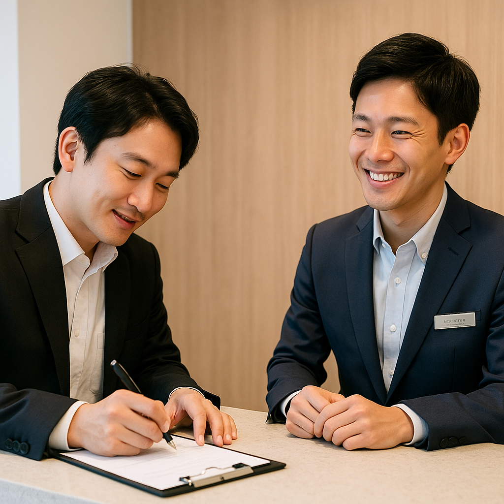 アンケートを記入する日本人男性と笑顔で対応する受付男性スタッフ