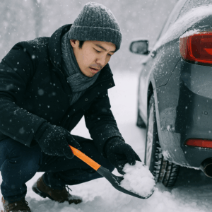 雪の中でマフラー周辺を除雪する日本人ドライバー