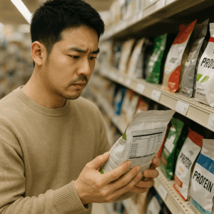 スーパーの棚でプロテイン製品を手に取り、成分表示を真剣にチェックする日本人男性