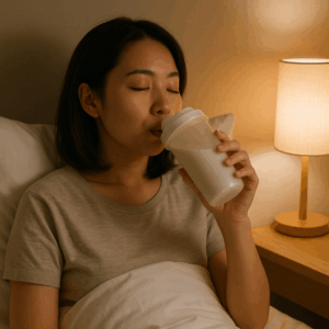 就寝前、枕元でカゼインプロテインを飲む日本人女性のリラックスした雰囲気の写真風イメージ