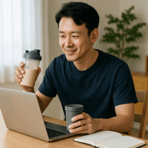 日本人男性が朝の食卓でプロテインシェイカーを持ち、ノートPCを開きながら栄養管理している様子