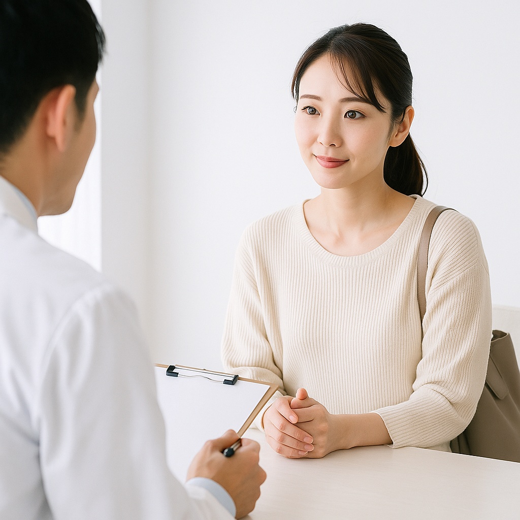 白い院内でカウンセリングを受ける日本人女性