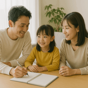 家族の将来設計をノートに書き込みながら話し合う日本人家族