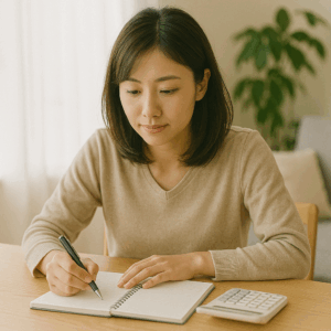 電卓とノートを使い家計を見直す日本人女性