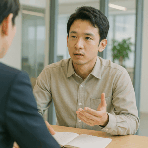 ファイナンシャルプランナーと相談中の日本人男性