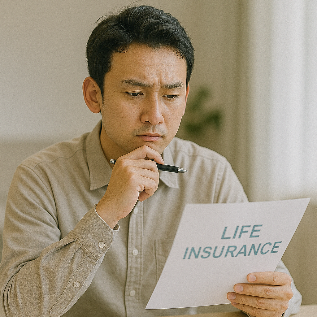 生命保険の資料とペンを手に考え込む日本人男性
