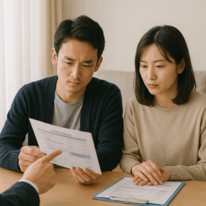 医療費の説明を受けながら資料を見つめる30代日本人夫婦