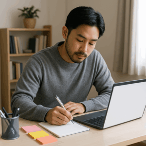 自分の毎日を記録する男性