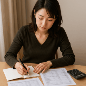料金表のプリントと見積書をテーブルに並べ、ペンでメモを取りながら予算を整理しているイメージ