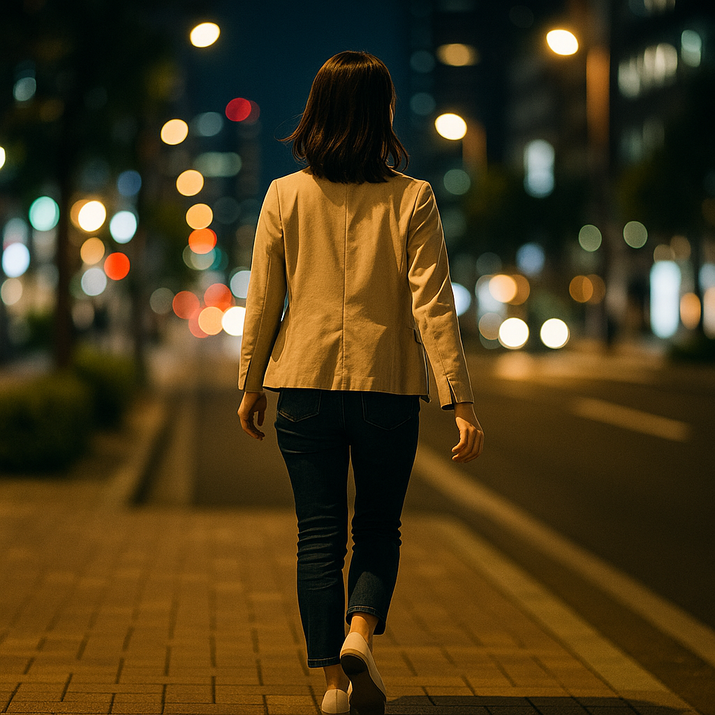 夜の街明かりを背景に、前を向いて一歩踏み出すように歩き出す日本人女性の後ろ姿の写真風イメージ
