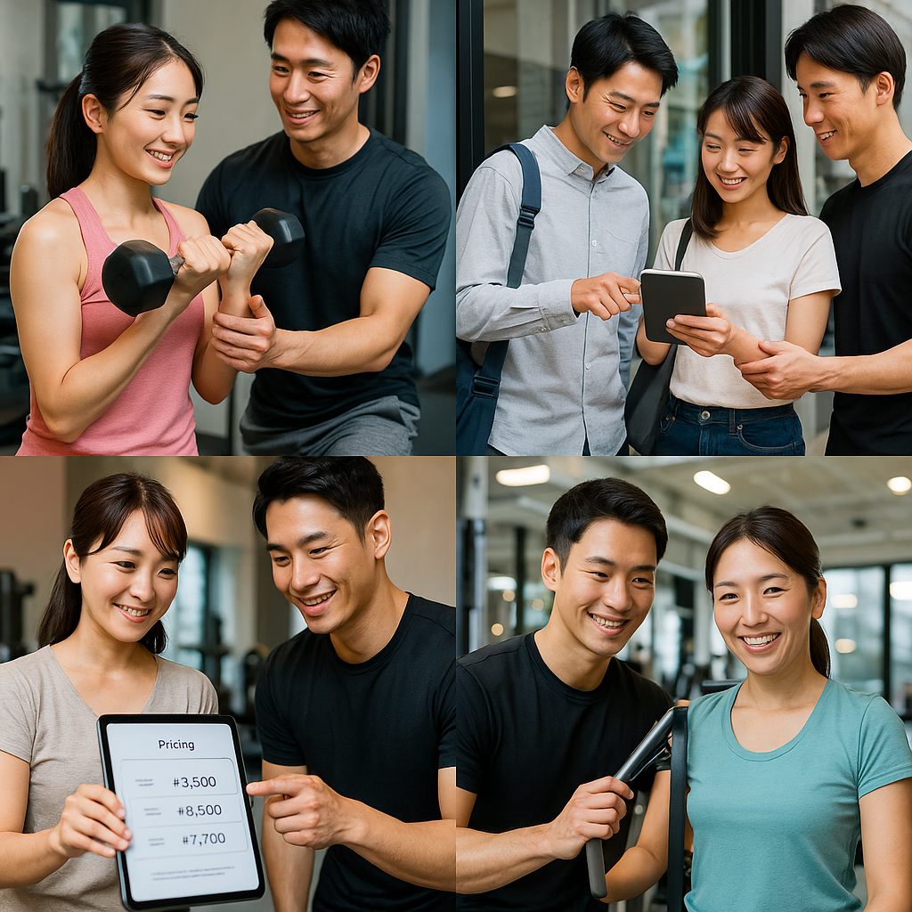 トレーニングジムの個室で、日本人女性がトレーナーとフォームを確認しながらダンベルを持っている写真風イメージ