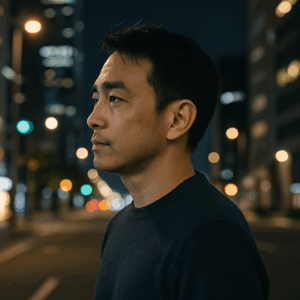夜の街を歩き、未来を静かに見据える日本人男性の横顔