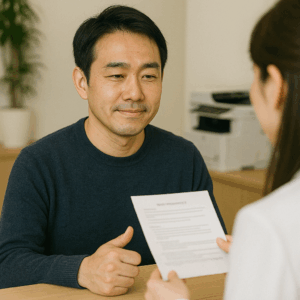 クリニックの受付で料金説明を受け、落ち着いて頷く日本人男性