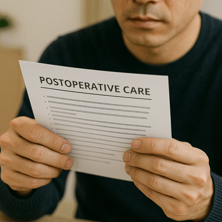 術後ケアの説明書を手に、慎重に読み込む日本人男性の手元アップ