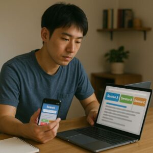 自宅のデスクでノートPCとスマホを並べ、複数のオンラインサービスを比較しながら運用計画を立てている日本人男性の写真風イメージ